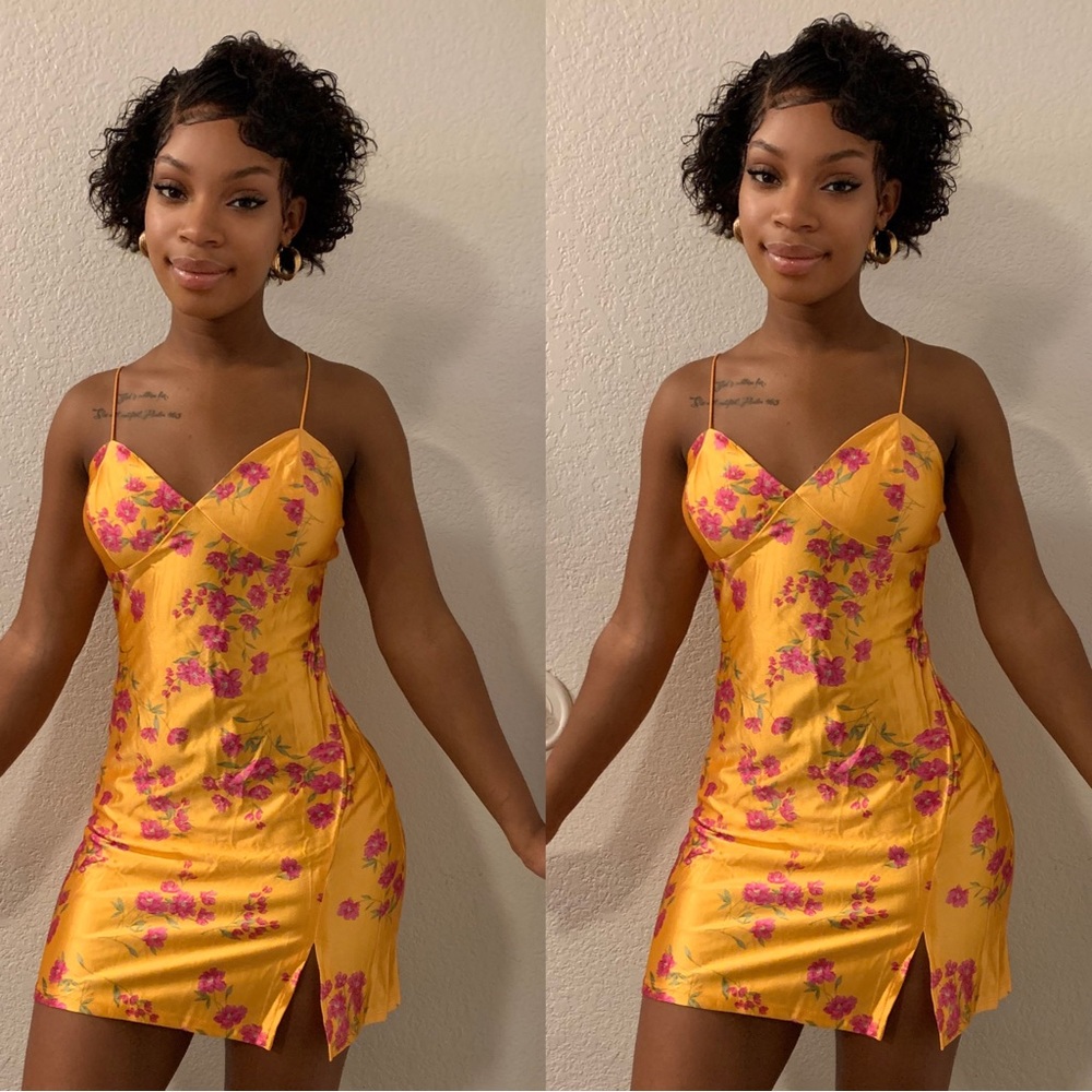 Yellow and pink floral satin mini dress size Small